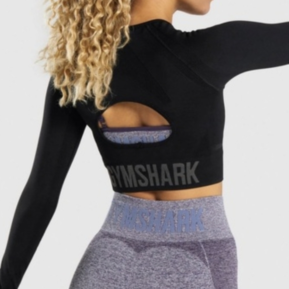 Gymshark Women's Black Flex Sports Long‎ Sleeve Crop Seamless Top XS